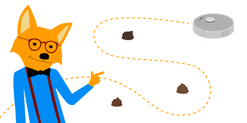 Der Smart Home Fox Fuchs zeigt mit dem Finger auf den iRobot Roomba j7, welcher gerade Hundehaufen umfährt